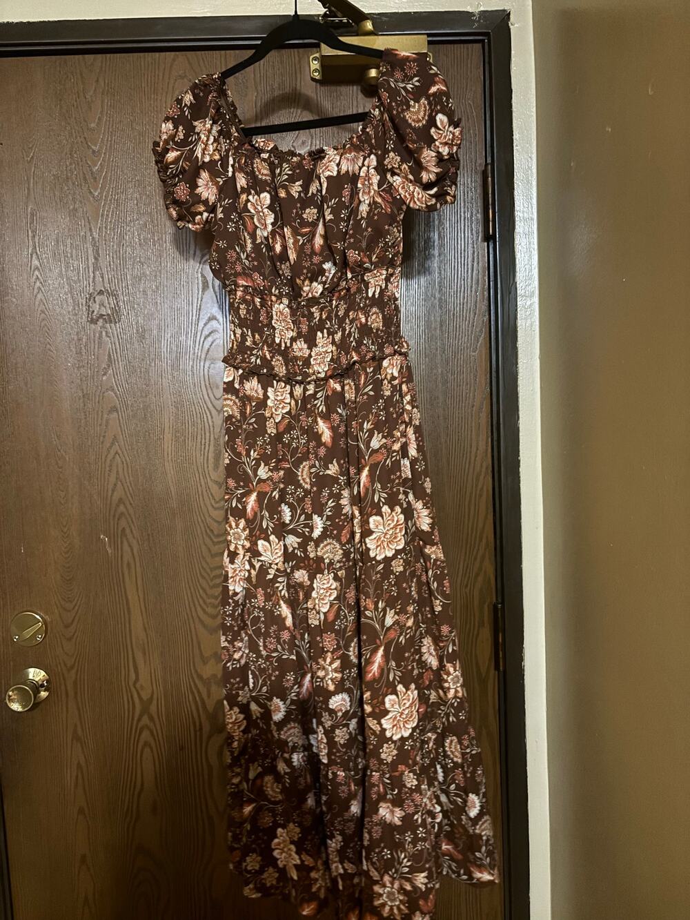 NWOT Chocolate Brown Boho Indie Flowy Bell Sleeved Fall Floral Maxi Dress